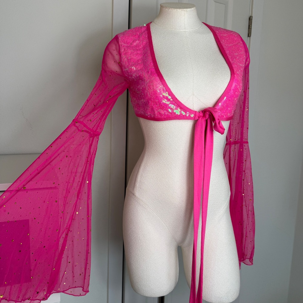 Club Exx Neon Pink Sequin Tie Front Bell Sleeve Crop Top Rave Festival Small